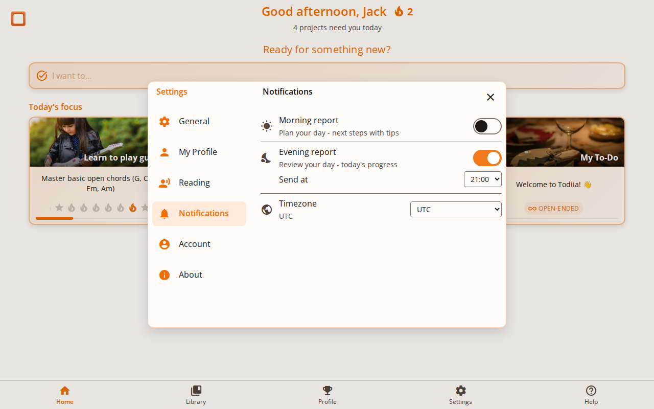 Screenshot showing the notification settings with morning and evening report toggles