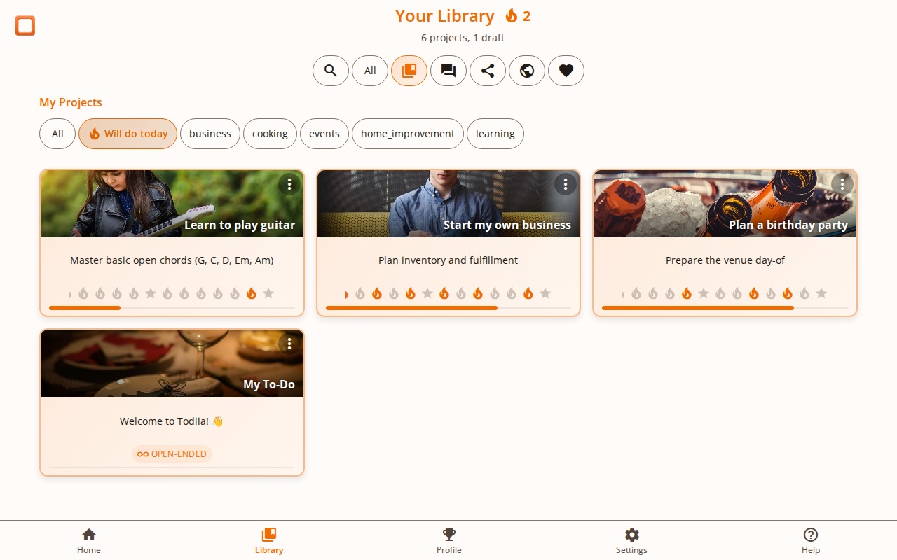Screenshot showing the day streak visualization on project cards