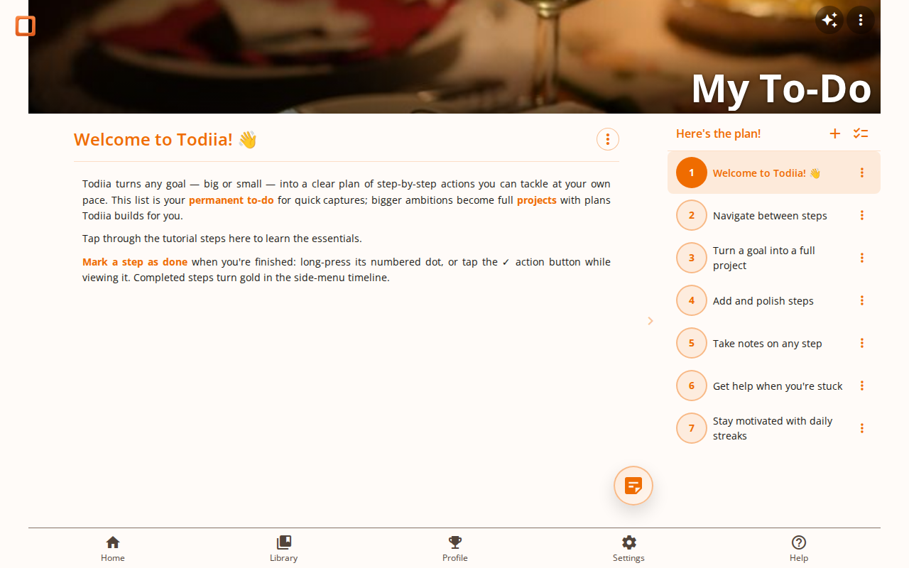 Screenshot showing the default My To-Do project with onboarding steps