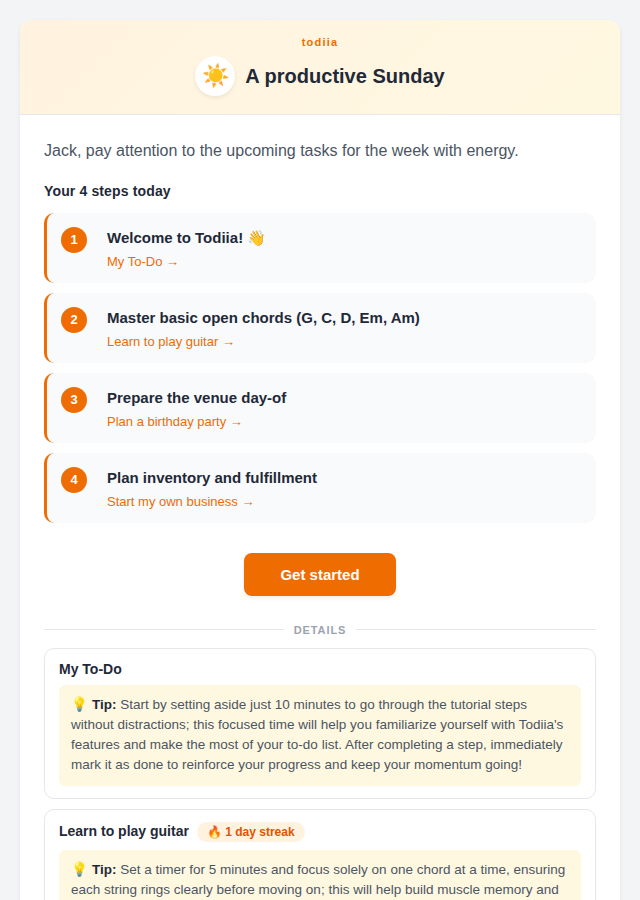 Screenshot showing a morning report email with project next steps, tips, and streak badges