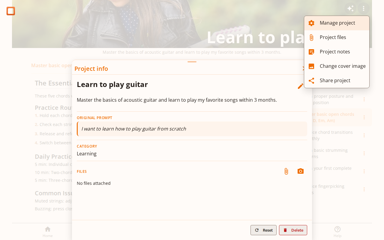 Screenshot showing the project information panel with edit options
