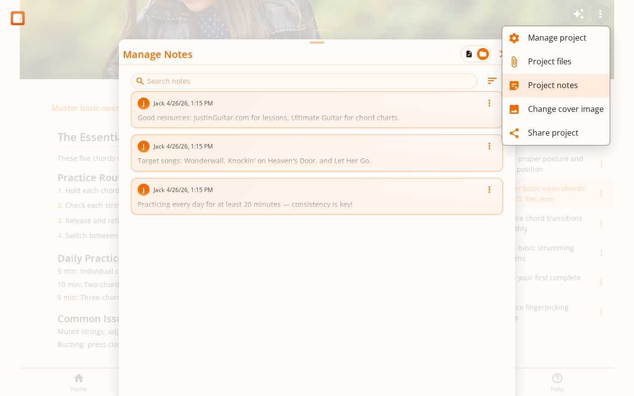Screenshot showing the notes panel with project-level scope toggle