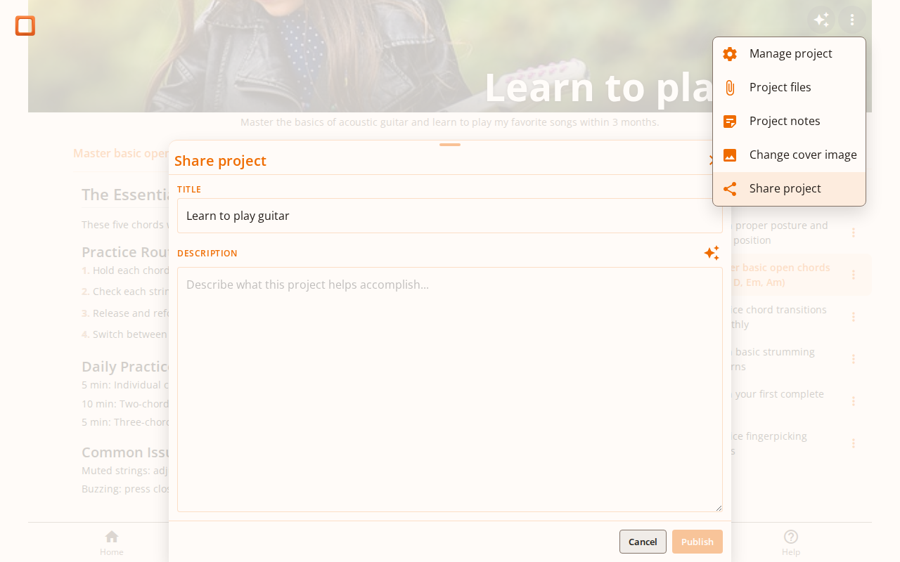 Screenshot showing the share project dialog