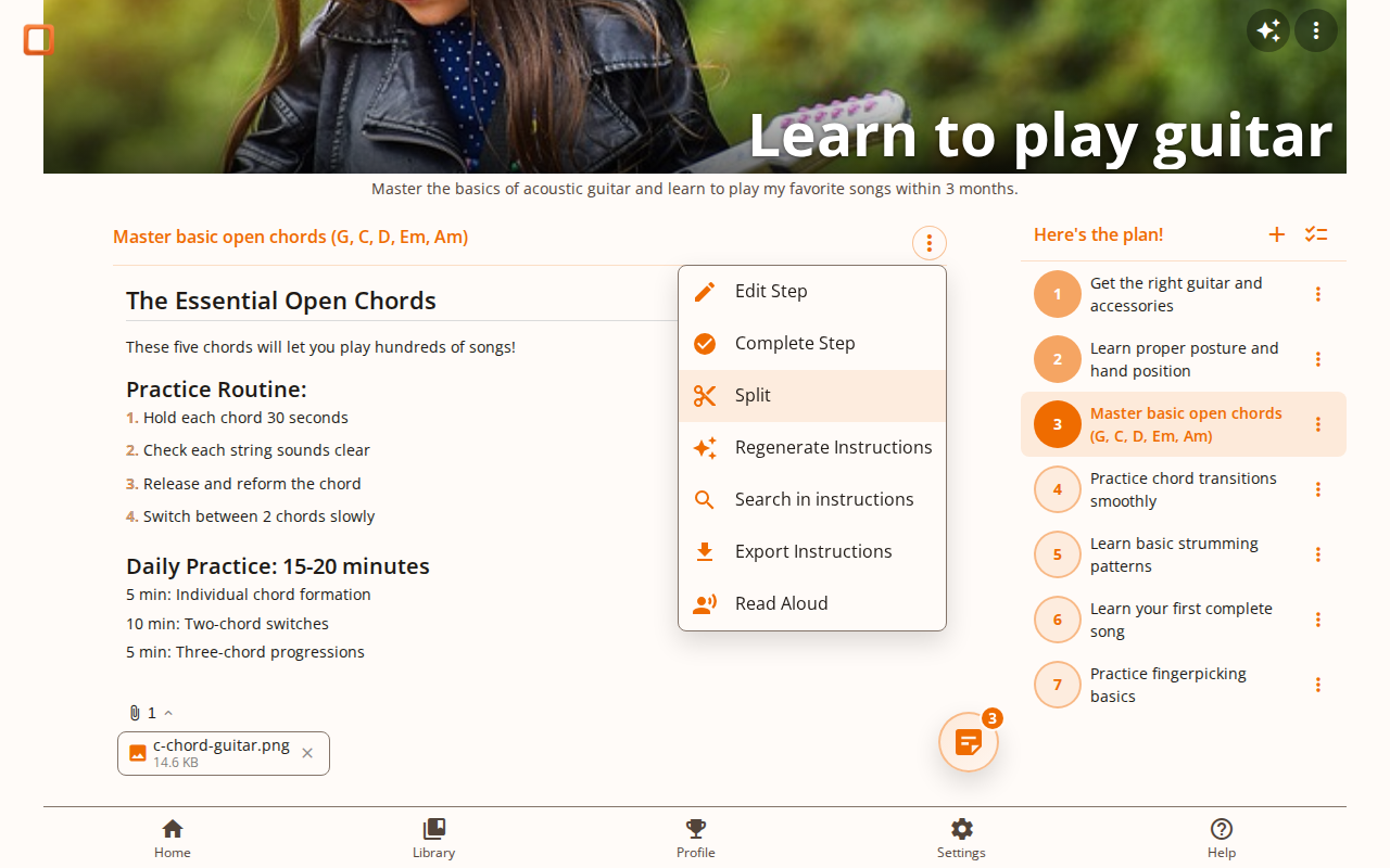 Screenshot showing how to split a step into smaller sub-steps