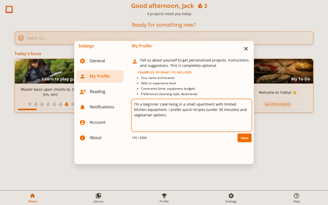 Screenshot showing the My Profile settings page with personal context