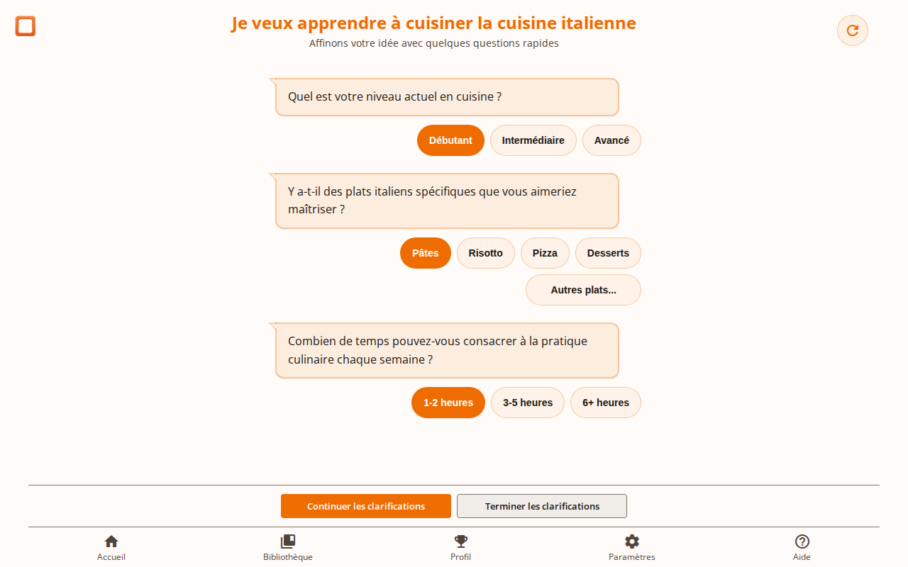 Capture d'écran montrant comment répondre aux questions de clarification