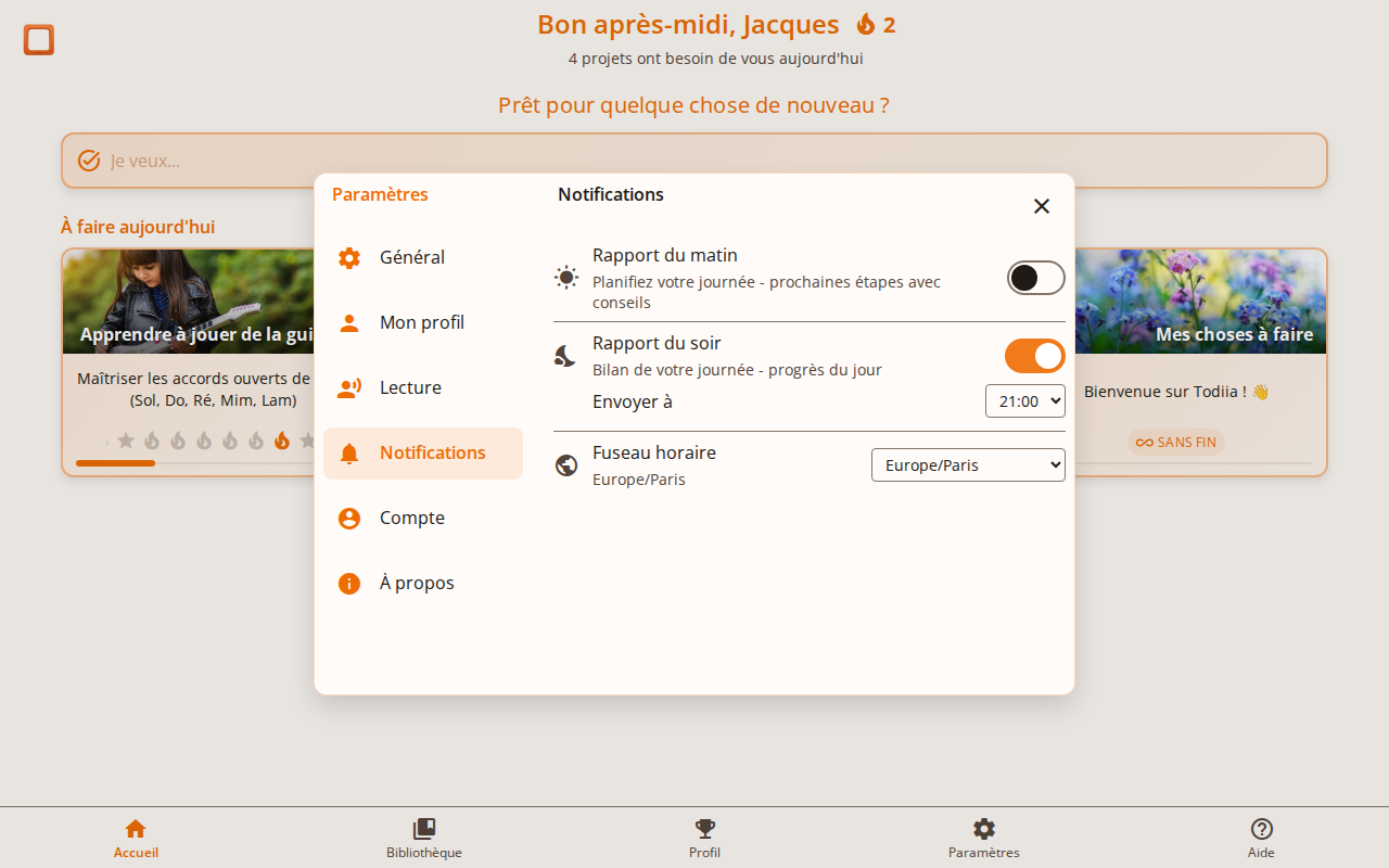 Capture d'écran montrant les paramètres de notification avec les options de rapport du matin et du soir