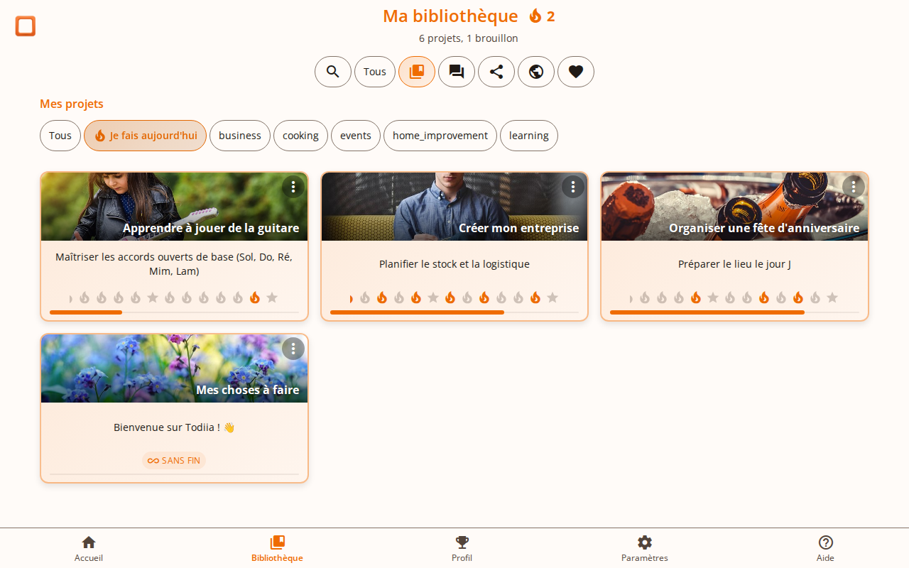 Capture d'écran montrant la visualisation de la série de jours sur les cartes de projet