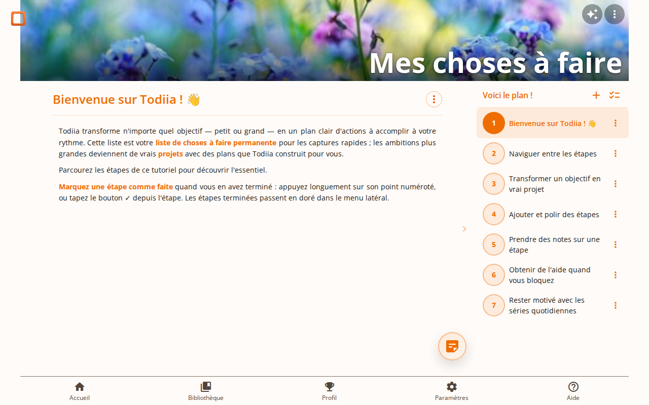 Capture d'écran du projet Mes choses à faire avec les étapes d'introduction