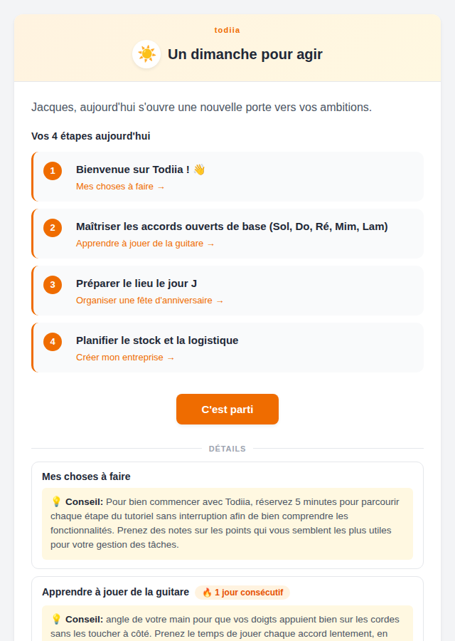 Capture d'écran montrant un email de rapport du matin avec les prochaines étapes, conseils et badges de série