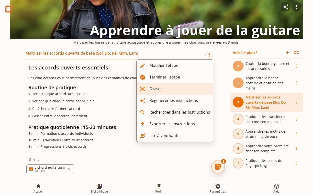 Capture d'écran montrant comment diviser une étape en sous-étapes plus petites