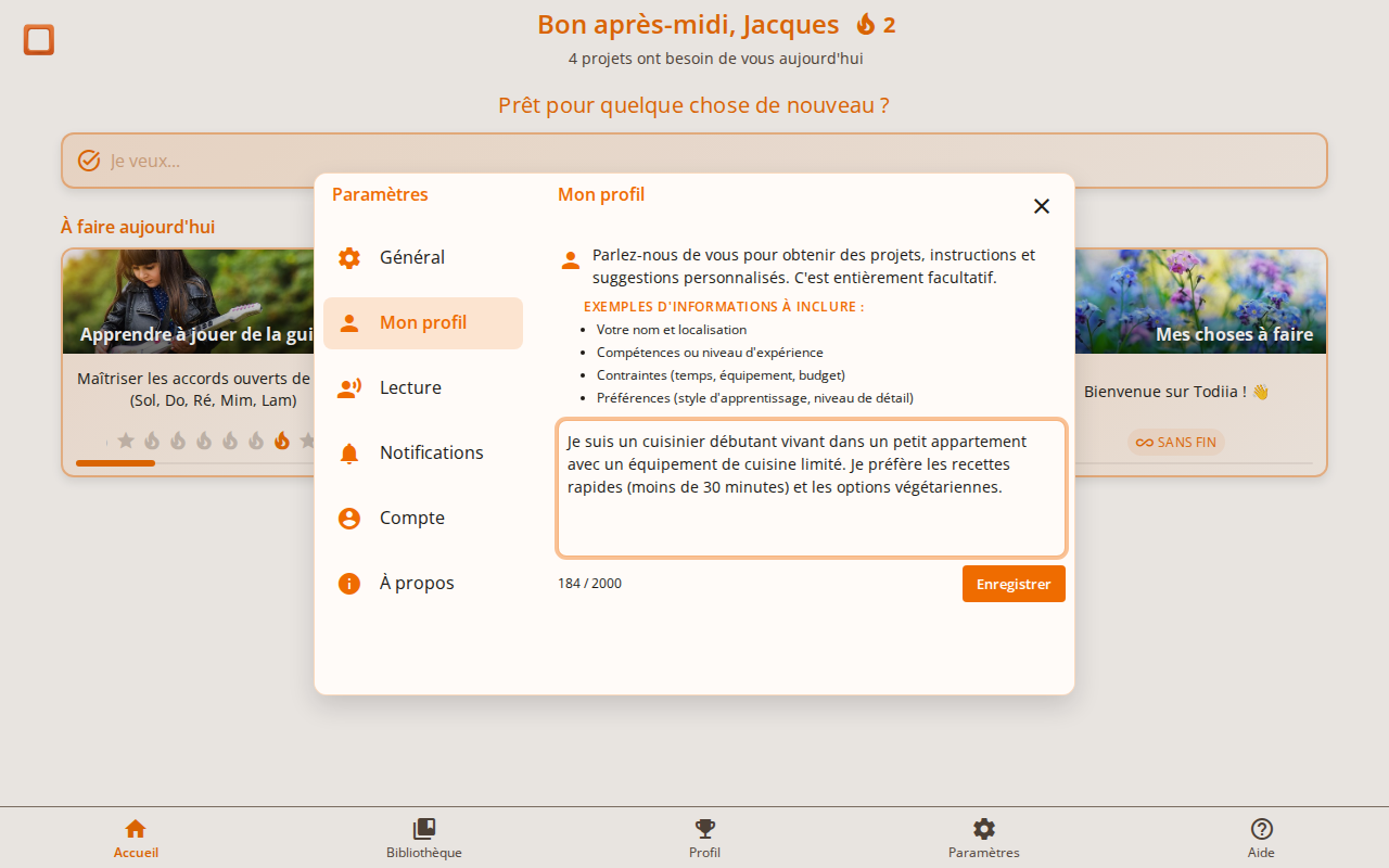 Capture d'écran montrant la page Mon Profil dans les paramètres